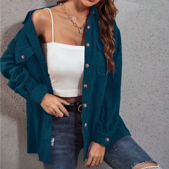 Boho dusty blue button down corduroy shirt - Picture 16 of 16